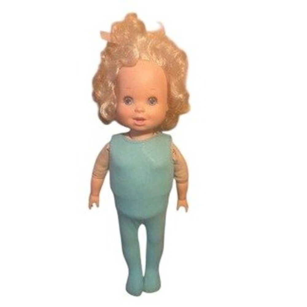 Vintage Mattel Baby grow Doll Blonde Hair Blue Eyes Teal Jumpsuit 1980s